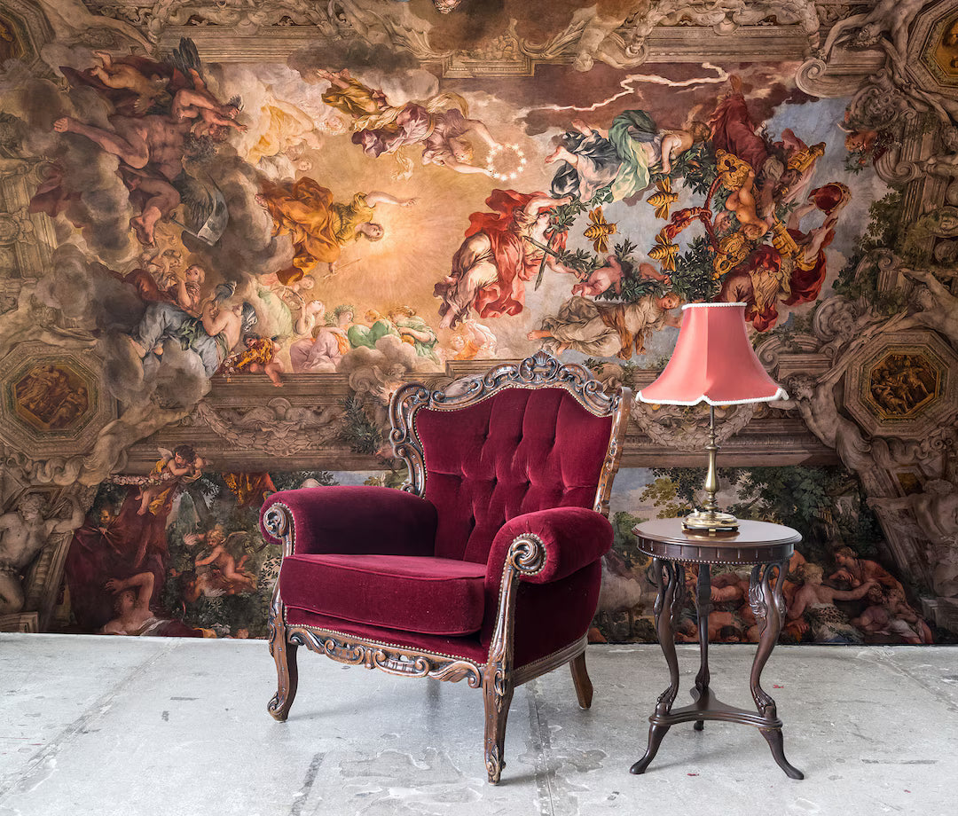 wall art and natural wood furniture