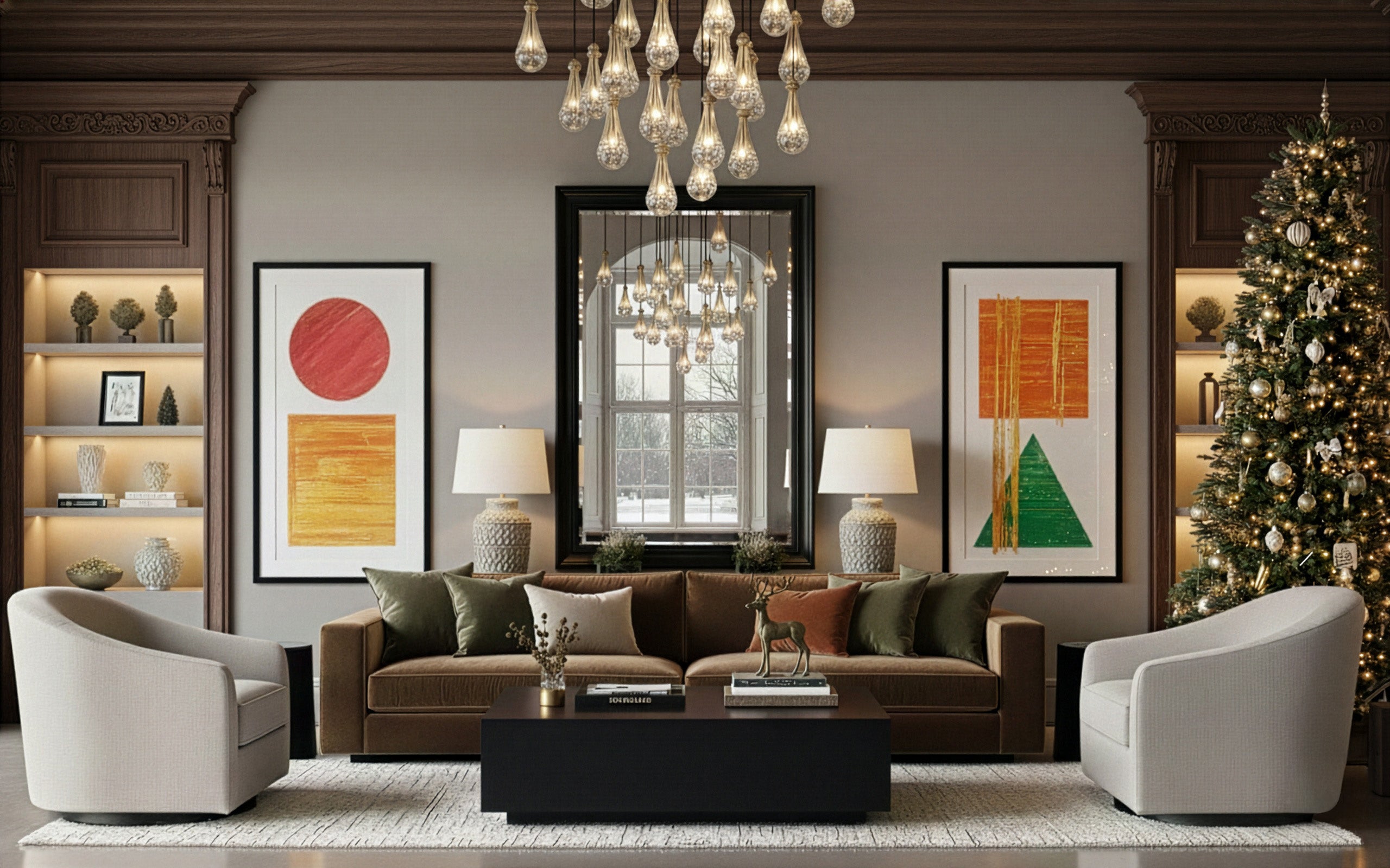 Modern living room with brown sofa, white armchairs, and Christmas tree.